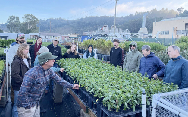 Several people in warm clothes talk around a waist high propagation table with green seedlings under a blue sky